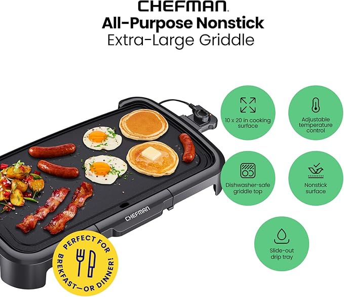Bếp nướng điện Chefman XL với Bộ điều khiển nhiệt độ có thể tháo rời, Vỉ nướng mặt phẳng có thể ngâm rửa, Nướng bánh mì kẹp thịt, trứng, bánh kếp, Bề mặt nấu chống dính cực lớn, Khay hứng mỡ trượt ra, 10 x 20 inch