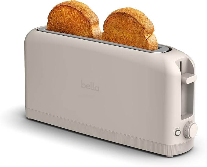 Lò Nướng Bánh Mì Bella 2 Ngăn Dài, Dụng Cụ Bếp Fit-anywhere™, Điều Khiển 6 Mức Độ Nướng với Nút Hâm Nóng & Hủy Bỏ, Phù Hợp Bánh Sourdough, Khe Dài 10 inch, Chống Kẹt & Tự Động Tắt, 900 Watt, Màu Trắng Sữa