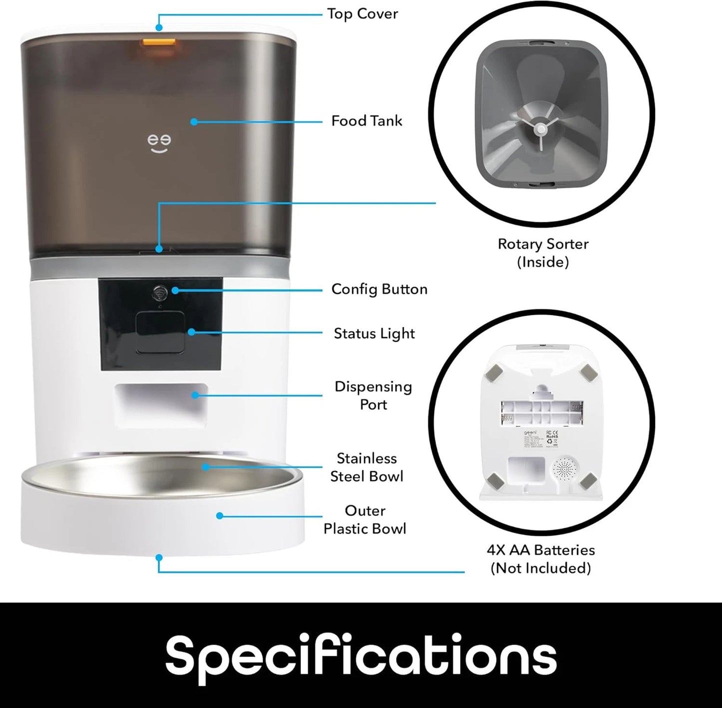 Máy cho thú cưng ăn thông minh 6L - Điều khiển WiFi, Ghi âm giọng nói, Dung lượng lớn, Tự động phân phối thức ăn