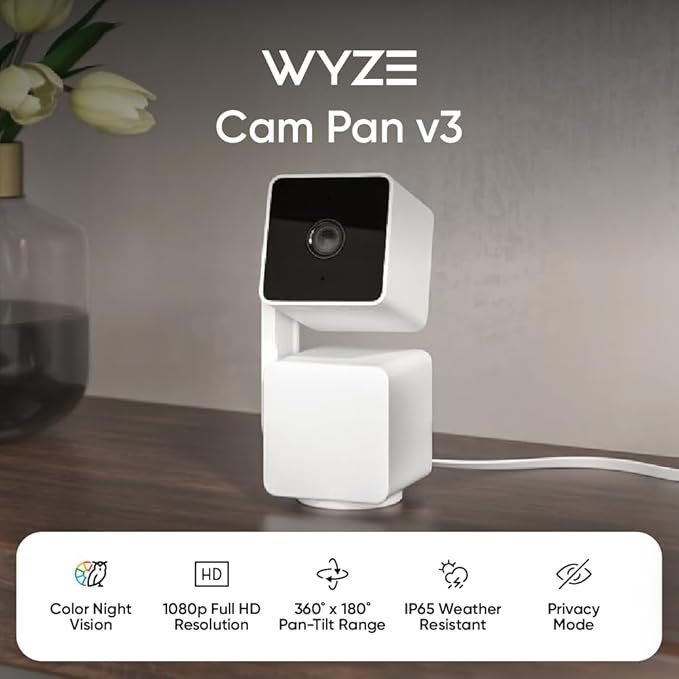 Camera an ninh thông minh WYZE Cam Pan v3, 1080p Xoay/Nghiêng/Thu phóng Wi-Fi trong nhà/ngoài trời chuẩn IP65 với Chế độ nhìn đêm có màu, Âm thanh 2 chiều, Tương thích với Alexa & Google Assistant, Hỗ trợ cài đặt miễn phí từ chuyên gia
