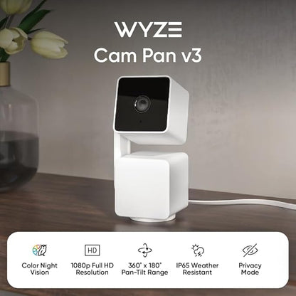Camera an ninh thông minh WYZE Cam Pan v3, 1080p Xoay/Nghiêng/Thu phóng Wi-Fi trong nhà/ngoài trời chuẩn IP65 với Chế độ nhìn đêm có màu, Âm thanh 2 chiều, Tương thích với Alexa & Google Assistant, Hỗ trợ cài đặt miễn phí từ chuyên gia