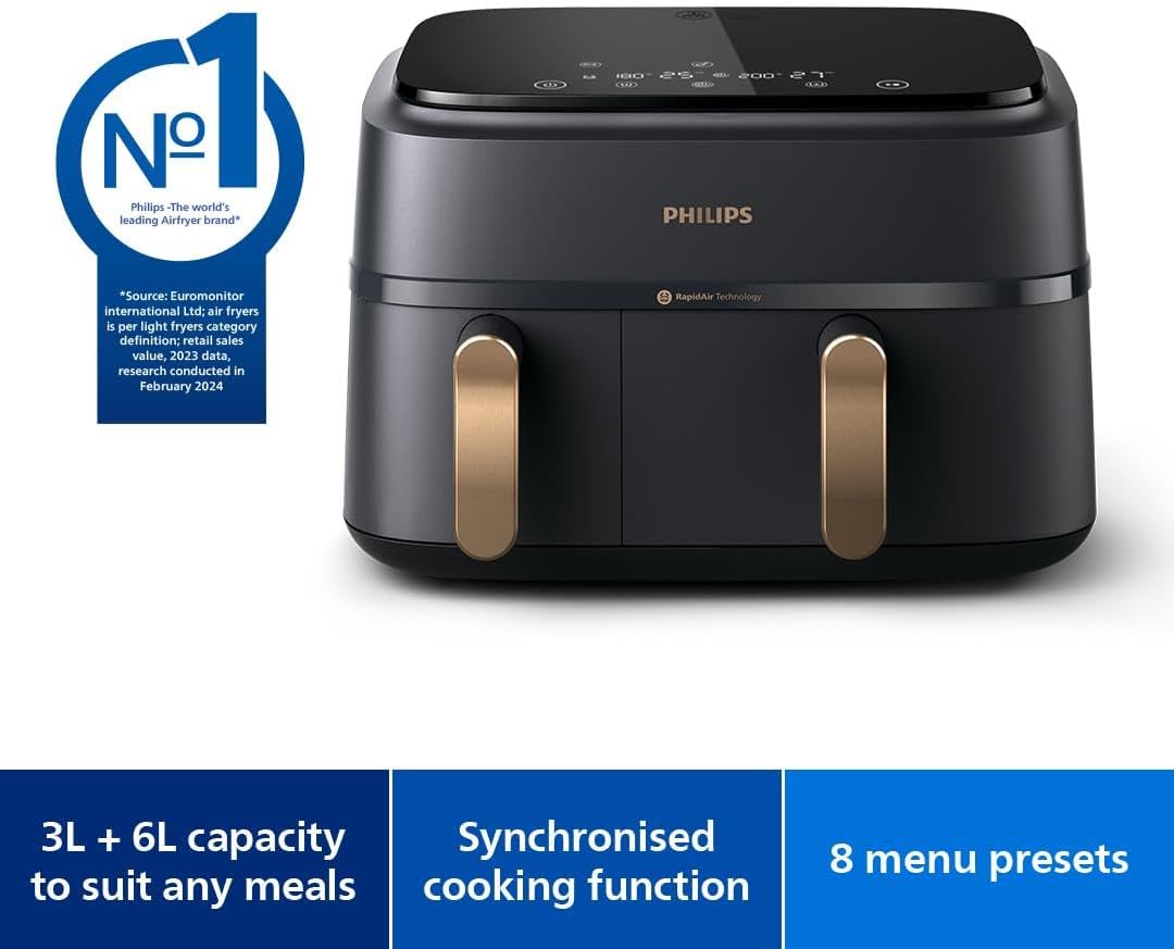 Philips 3000 Series NA352/00 - Dual Basket Airfryer, 9L, 8-in-1