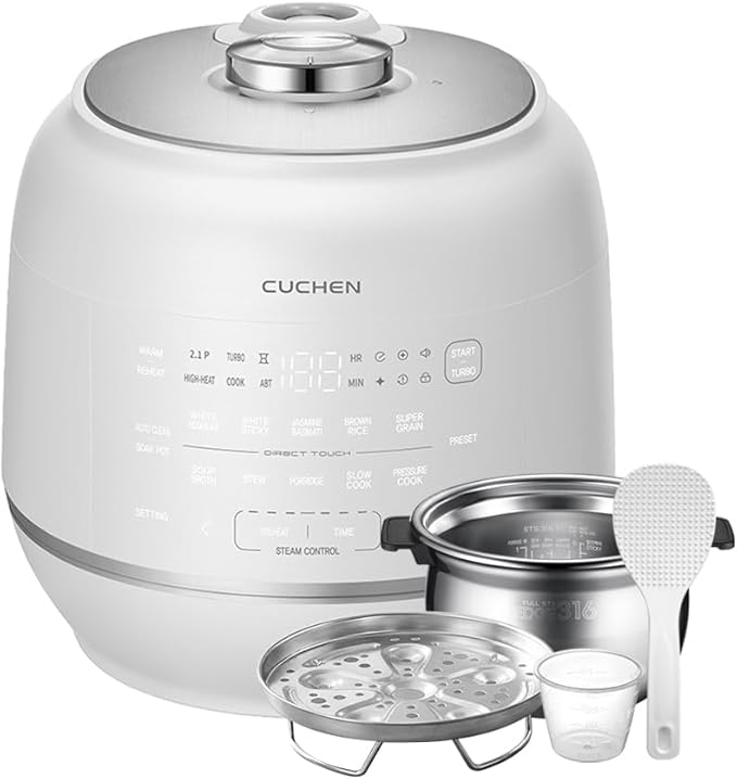 Nồi cơm điện áp suất Cuchen IH 6 cốc - Nồi áp suất siêu cao 2.1 bar cho gạo lứt và gạo trắng - Lòng nồi thép không gỉ 316Ti, Gia nhiệt cảm ứng, Sản xuất tại Hàn Quốc, Màu trắng, CRT-RPD0610IEWUS
