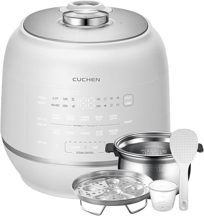Nồi cơm điện áp suất Cuchen IH 6 cốc - Nồi áp suất siêu cao 2.1 bar cho gạo lứt và gạo trắng - Lòng nồi thép không gỉ 316Ti, Gia nhiệt cảm ứng, Sản xuất tại Hàn Quốc, Màu trắng, CRT-RPD0610IEWUS