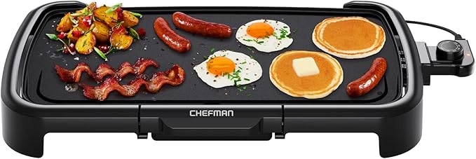 Bếp nướng điện Chefman XL với Bộ điều khiển nhiệt độ có thể tháo rời, Vỉ nướng mặt phẳng có thể ngâm rửa, Nướng bánh mì kẹp thịt, trứng, bánh kếp, Bề mặt nấu chống dính cực lớn, Khay hứng mỡ trượt ra, 10 x 20 inch