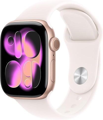 Đồng hồ thông minh Apple Watch Series 11 [GPS 42mm] Vỏ nhôm vàng hồng với Dây đeo thể thao hồng phấn nhạt - Cỡ S/M. Tính năng chấm điểm giấc ngủ, theo dõi thể chất, theo dõi sức khỏe, màn hình luôn bật, chống nước