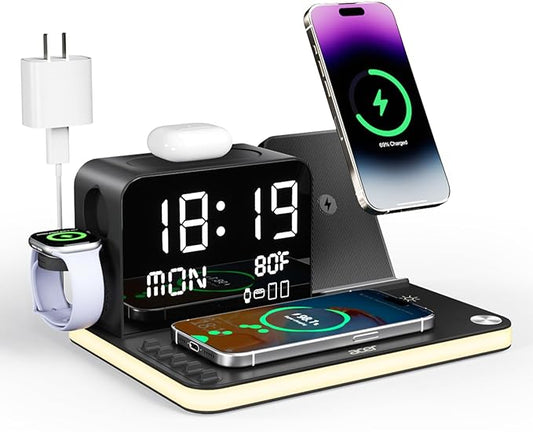 Đế sạc không dây 7 trong 1 acer: Đế sạc cho nhiều thiết bị của Apple - iPhone 16 15 14 13 12 Pro Max Apple Watch Airpods, Trạm sạc iPhone không dây với Bluetooth TimeSync