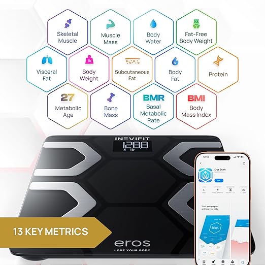Cân đo mỡ cơ thể Bluetooth INEVIFIT EROS, Cân phân tích thành phần cơ thể kỹ thuật số thông minh đo chỉ số BMI chính xác cao với Ứng dụng điện thoại thông minh không dây, 400 lbs, 11,8 x 11,8 inch (Đen)