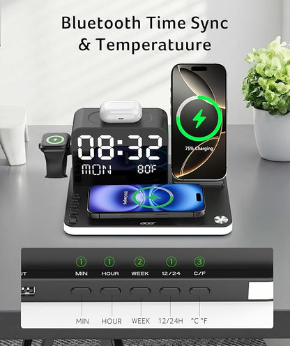 Đế sạc không dây 7 trong 1 acer: Đế sạc cho nhiều thiết bị của Apple - iPhone 16 15 14 13 12 Pro Max Apple Watch Airpods, Trạm sạc iPhone không dây với Bluetooth TimeSync