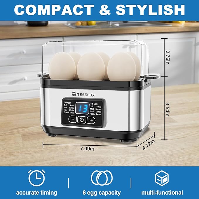 Nồi luộc trứng siêu tốc bằng điện, dung tích 6 trứng để làm trứng luộc chín, trứng chần, trứng khuấy hoặc trứng ốp la, có chức năng tự động tắt (Màu bạc)