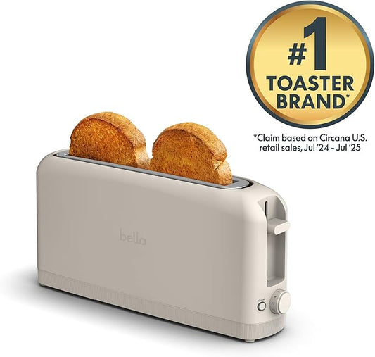 Lò Nướng Bánh Mì Bella 2 Ngăn Dài, Dụng Cụ Bếp Fit-anywhere™, Điều Khiển 6 Mức Độ Nướng với Nút Hâm Nóng & Hủy Bỏ, Phù Hợp Bánh Sourdough, Khe Dài 10 inch, Chống Kẹt & Tự Động Tắt, 900 Watt, Màu Trắng Sữa