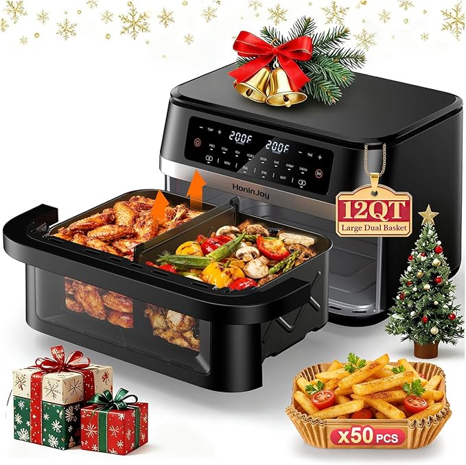 Nồi chiên không dầu 12QT cỡ lớn hai giỏ với giỏ linh hoạt, cửa sổ quan sát và 50 tấm lót giấy, 12 chức năng trong 1 cỡ gia đình với Đồng bộ & Hai chế độ & Đèn, Hai vùng để nướng, quay, hâm nóng, an toàn với máy rửa bát
