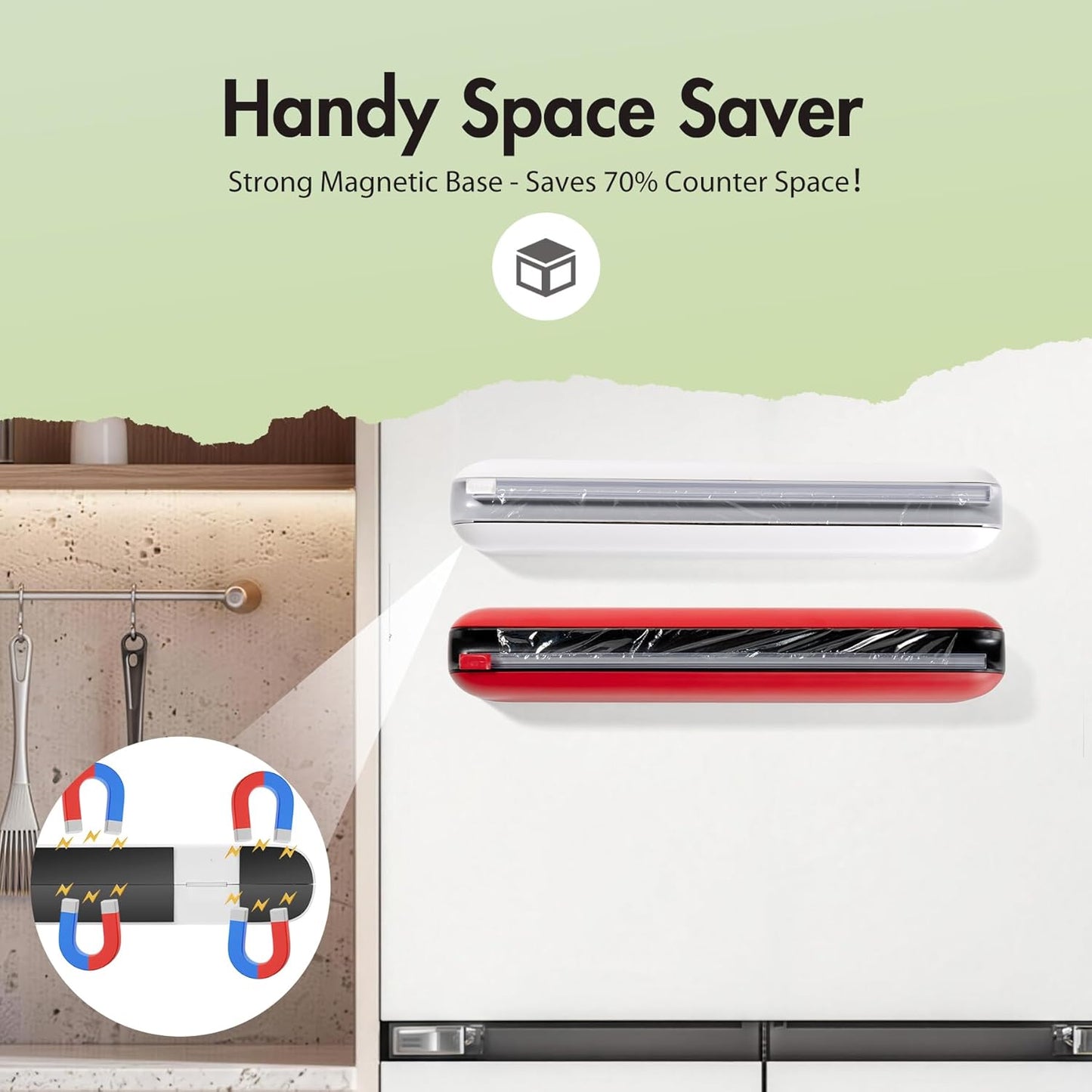 Aluminum Foil & Plastic Wrap Dispenser with Cutter - Easy One-Hand Operation, Space-Saving Kitchen Organizer for Worktops & Cabinets, Magnetic Cling Film Dispenser