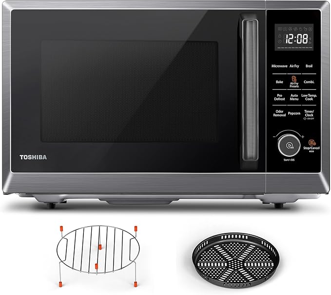 Lò vi sóng TOSHIBA 8 trong 1 kết hợp nồi chiên không dầu, có nướng đối lưu, nướng thường, chế độ khử mùi, đĩa xoay ghi nhớ vị trí 12.4 inch, khóa trẻ em, dung tích 1.0 Cu.ft, thép không gỉ đen, ML2-EC10SA(BS)