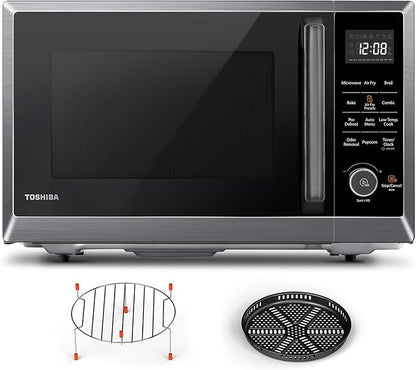 Lò vi sóng TOSHIBA 8 trong 1 kết hợp nồi chiên không dầu, có nướng đối lưu, nướng thường, chế độ khử mùi, đĩa xoay ghi nhớ vị trí 12.4 inch, khóa trẻ em, dung tích 1.0 Cu.ft, thép không gỉ đen, ML2-EC10SA(BS)