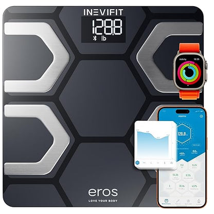 Cân đo mỡ cơ thể Bluetooth INEVIFIT EROS, Cân phân tích thành phần cơ thể kỹ thuật số thông minh đo chỉ số BMI chính xác cao với Ứng dụng điện thoại thông minh không dây, 400 lbs, 11,8 x 11,8 inch (Đen)