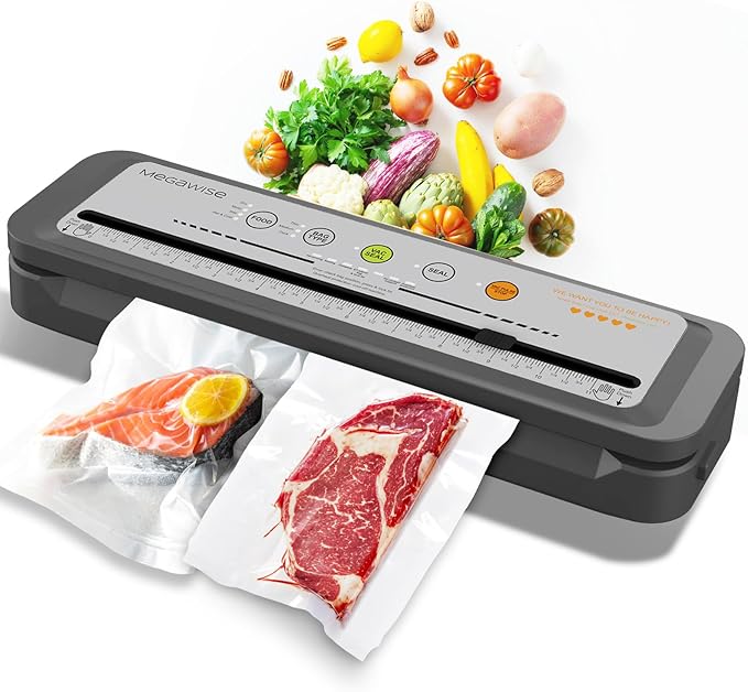 Máy Hút Chân Không MegaWise, Lực Hút 80kPa, Hoạt Động Tự Động Một Chạm, Thiết Kế Nhỏ Gọn Với Dao Cắt Tích Hợp, Kèm Túi Hút Chân Không, Lý Tưởng Để Bảo Quản Thực Phẩm (Bạc)