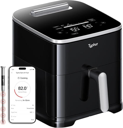 Nồi chiên không dầu thông minh Tyhpur Sync 8QT AI với nhiệt kế thịt không dây tích hợp, nồi chiên không dầu gốm không độc hại XL 9 trong 1, nhiệt độ tối đa 450°F,