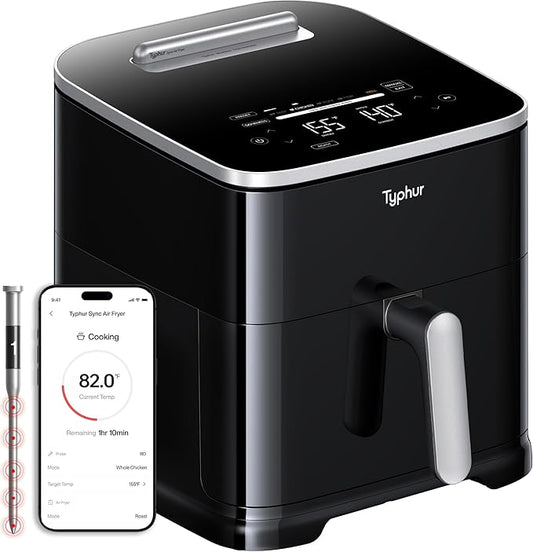 Nồi chiên không dầu thông minh Tyhpur Sync 8QT AI với nhiệt kế thịt không dây tích hợp, nồi chiên không dầu gốm không độc hại XL 9 trong 1, nhiệt độ tối đa 450°F,