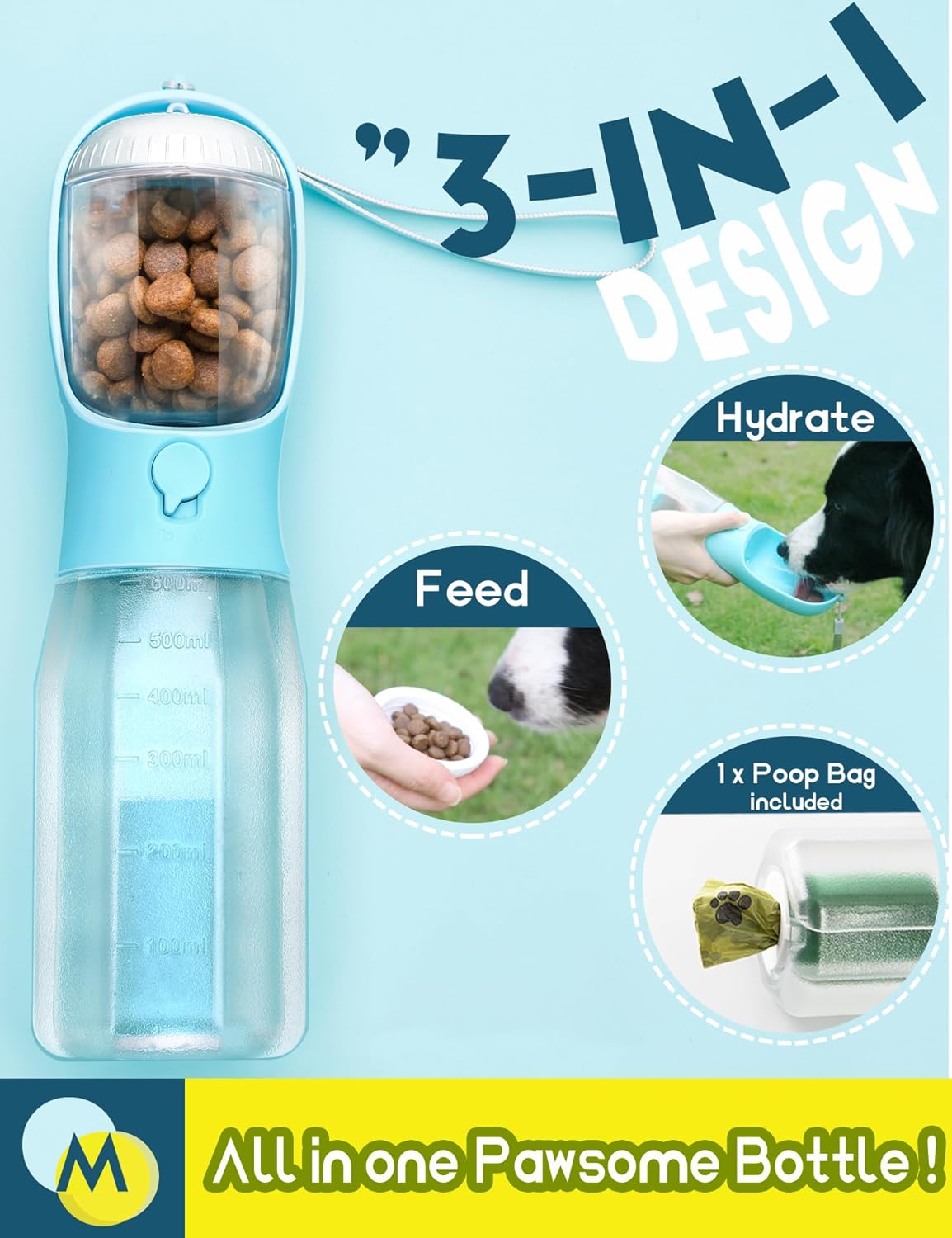 Bình Nước Di Động 3 trong 1 cho Chó, có Ngăn Đựng Thức Ăn/Bánh Thưởng và Túi Đựng Phân,