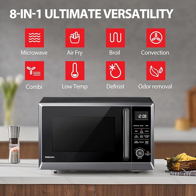 Lò vi sóng TOSHIBA 8 trong 1 kết hợp nồi chiên không dầu, có nướng đối lưu, nướng thường, chế độ khử mùi, đĩa xoay ghi nhớ vị trí 12.4 inch, khóa trẻ em, dung tích 1.0 Cu.ft, thép không gỉ đen, ML2-EC10SA(BS)