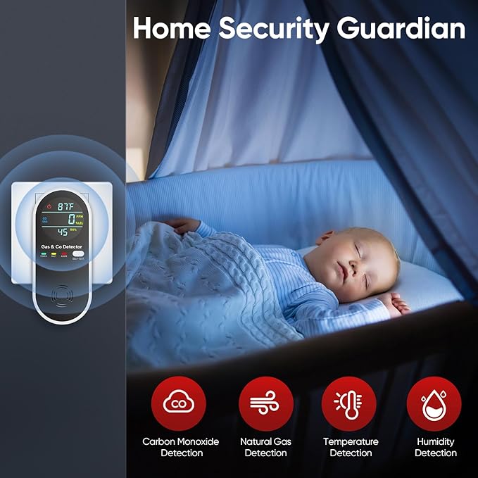 NICGOL Thiết bị phát hiện rò rỉ khí gas tự nhiên và khí CO 4 trong 1 nâng cấp, Thiết bị phát hiện rò rỉ khí gas và khí CO cảm biến kép cắm điện (Nhiệt độ & Độ ẩm) cho Nhà ở, RV (Màu đen)