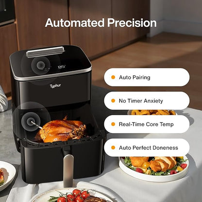 Nồi chiên không dầu thông minh Tyhpur Sync 8QT AI với nhiệt kế thịt không dây tích hợp, nồi chiên không dầu gốm không độc hại XL 9 trong 1, nhiệt độ tối đa 450°F,
