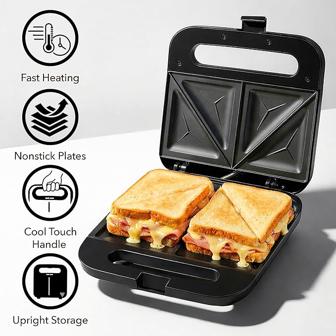 Máy làm bánh mì kẹp điện OVENTE với Đĩa chống dính, Đèn báo, Tay cầm mát khi chạm, Dễ vệ dàng và Cất giữ, Hoàn hảo để Nấu bữa sáng, Phô mai nướng, Cá ngừ tan chảy và Đồ ăn nhẹ, Đen GPS401B
