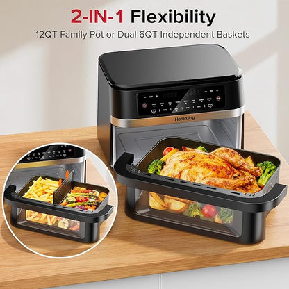 Nồi chiên không dầu 12QT cỡ lớn hai giỏ với giỏ linh hoạt, cửa sổ quan sát và 50 tấm lót giấy, 12 chức năng trong 1 cỡ gia đình với Đồng bộ & Hai chế độ & Đèn, Hai vùng để nướng, quay, hâm nóng, an toàn với máy rửa bát